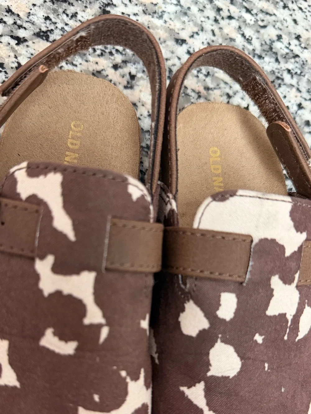 Old Navy Brown and Cream Cow Print Kids Slingback Moccasins